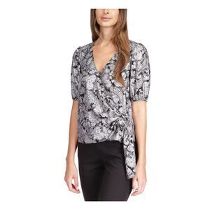 MICHAEL MICHAEL KORS Womens Black Tie Closure Short Sleeve Faux Wrap Top XS